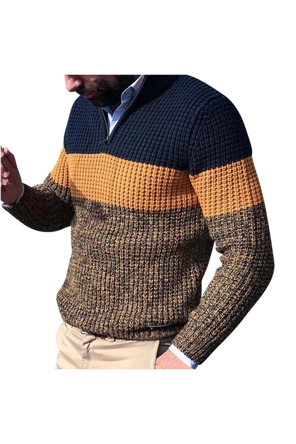 Knit Sweaters Men 1/4 Zip Pullover Fashion Color Block Tops Long Sleeve Mock Neck Quarter Zipper Sweater (XL, Yellow)