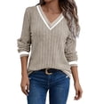 thumbnail image 1 of AKOEE Knit Sweaters for Women Colorblock V Neck Lightweight Casual Pullover Long Sleeve Fall Spring Fashion (S, Khaki), 1 of 7