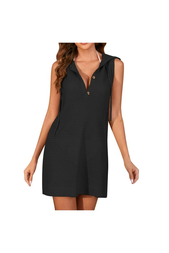 Knitted Sundress for Women Summer Casual Sleeveless Drawstring Hoodie Dress Button Henley Neck Mini Dress (L, Black)