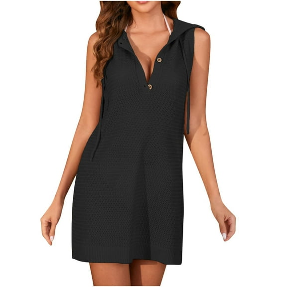 AKOEE Knitted Sundress for Women Summer Casual Sleeveless Drawstring Hoodie Dress Button Henley Neck Mini Dress (Medium, Black)