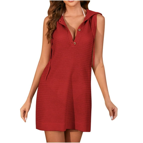AKOEE Knitted Sundress for Women Summer Casual Sleeveless Drawstring Hoodie Dress Button Henley Neck Mini Dress (X-Large, Red)