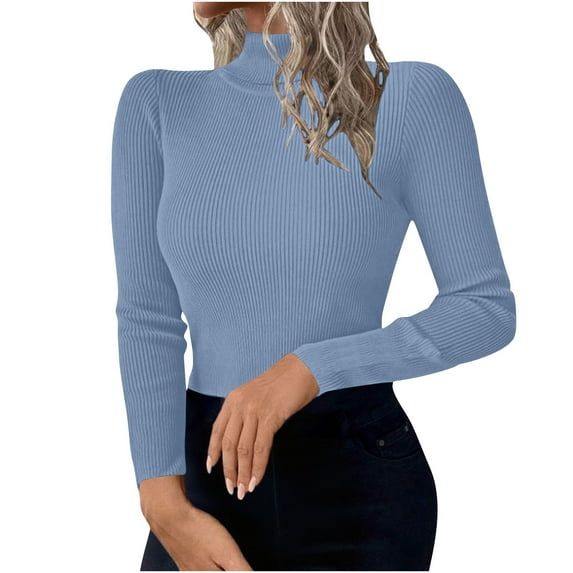 AKOEE Knitted Turtleneck Sweaters for Women Slim Fit Long Sleeve High Neck Base Pullover Sweater Tops Solid Color (S, Blue)