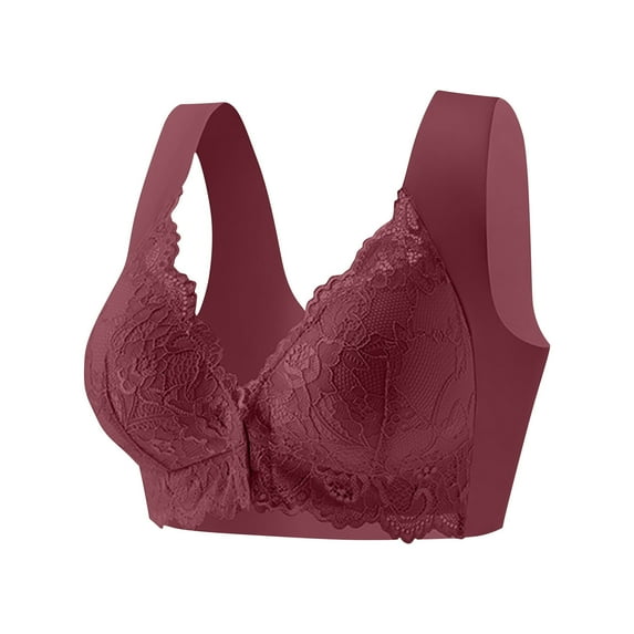 AKOEE Lace Bras for Women Front Closure Plus Size Push Up Wireless Bra Seamless Seniors Comfortable Underwear (L, Wine)