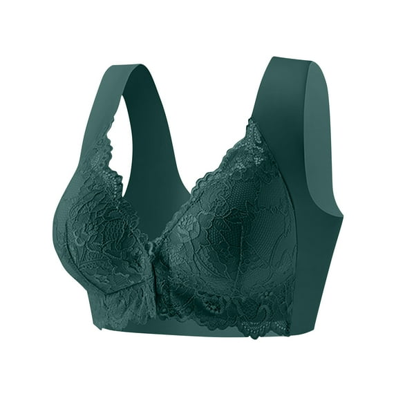 AKOEE Lace Bras for Women Front Closure Plus Size Push Up Wireless Bra Seamless Seniors Comfortable Underwear (M, Green)