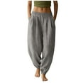 thumbnail image 1 of AKOEE Linen Barrel Pants Women Casual Wide Leg Baggy Harem Elastic Waist & Bottom Boho Trousers with Pocket (S, Gray), 1 of 5