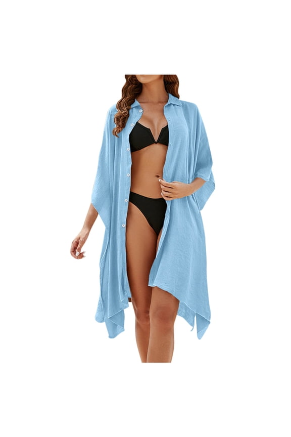 Linen Blend Cover Ups with Button Women Asymmetrical Hem Beach Bathing Suit Bikini Long Coverups Loose (Free Size, Light Blue)