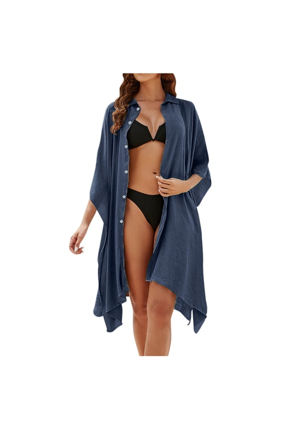 Linen Blend Cover Ups with Button Women Asymmetrical Hem Beach Bathing Suit Bikini Long Coverups Loose (Free Size, Navy)