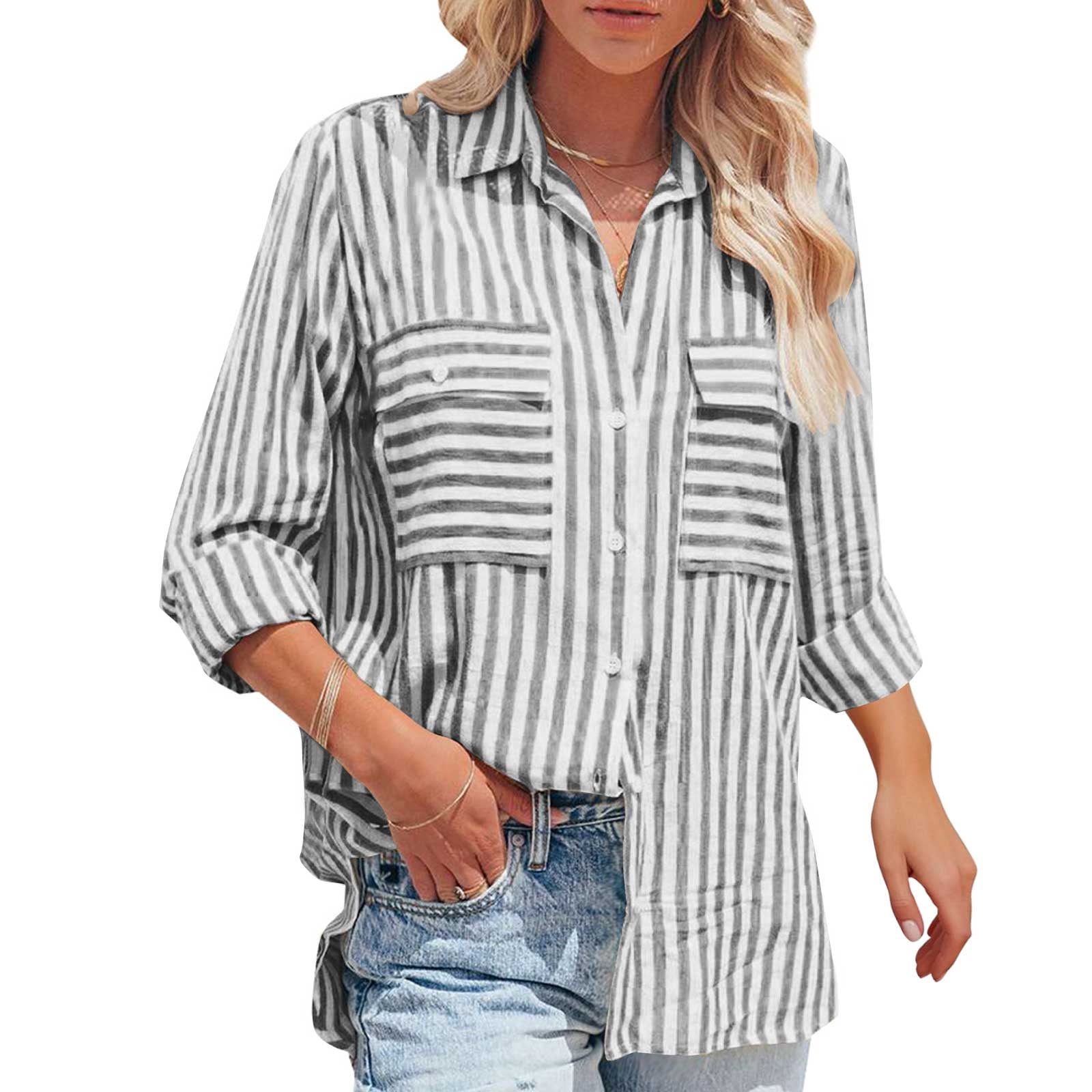 AKOEE Linen Button Up Shirts Women Long Sleeve Loose Dressy Casual ...