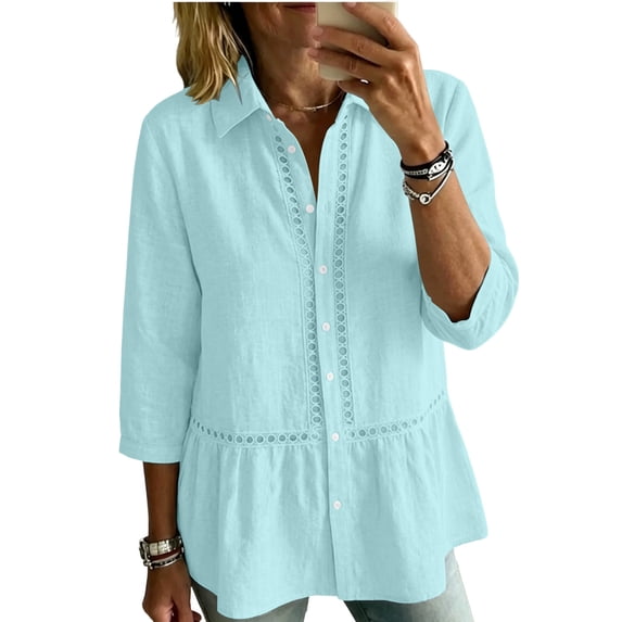 AKOEE Linen Button Up Shirts for Women with Lace Details 3/4 Sleeve Lapel Collar Loose Casual Summer Blouses (2XL, Light Blue)