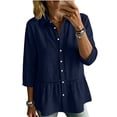 thumbnail image 1 of AKOEE Linen Button Up Shirts for Women with Lace Details 3/4 Sleeve Lapel Collar Loose Casual Summer Blouses (S, Navy), 1 of 6