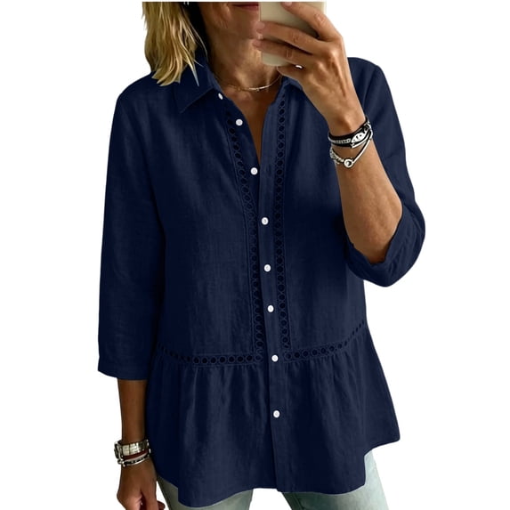 AKOEE Linen Button Up Shirts for Women with Lace Details 3/4 Sleeve Lapel Collar Loose Casual Summer Blouses (S, Navy)
