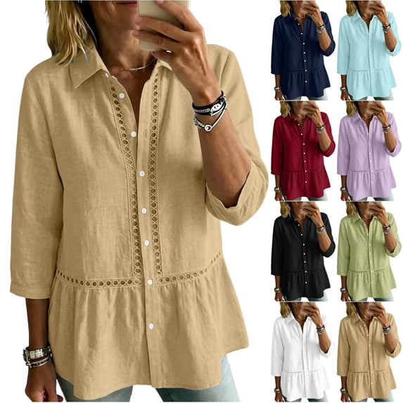 AKOEE Linen Button Up Shirts for Women with Lace Details 3/4 Sleeve Lapel Collar Loose Casual Summer Blouses (XL, Khaki)