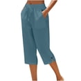 thumbnail image 1 of AKOEE Linen Capris for Women with Pockets Split Hem Drawstring Elastic Straight Leg Loose Capri Pants Summer (L, Blue), 1 of 5