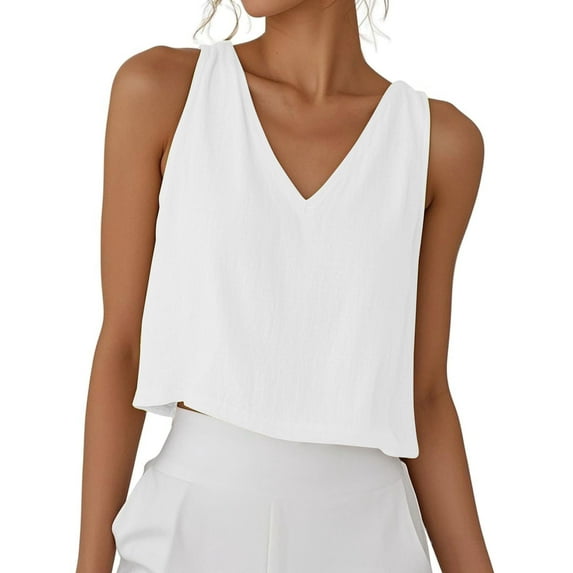 AKOEE Linen Clothes for Women Summer Casual Cropped Tank Top Sleeveless V Neck Tee Blouse Loose Fit Tshirts (M, White)