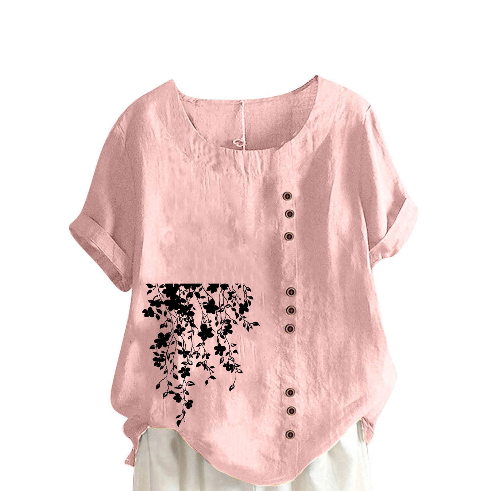 AKOEE Linen Shirts for Women Flowers Print Crew Neck Loose Plus Size ...