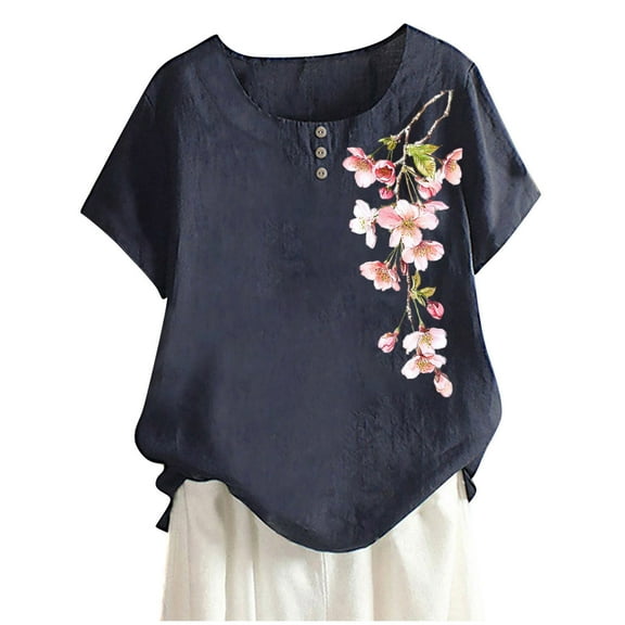AKOEE Linen Shirts for Women with Buttons Dandelion Print Loose T-shirts Plus Size Short Sleeve Summer Tops (L, Navy 02)