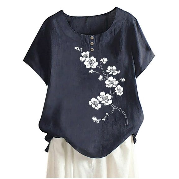 AKOEE Linen Shirts for Women with Buttons Dandelion Print Loose T-shirts Plus Size Short Sleeve Summer Tops (M, Navy 01)