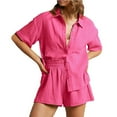 thumbnail image 1 of AKOEE Linen Shorts Sets for Women 2 Piece Casual Short Sleeve Button Down Shirt with Wide Leg Shorts Lounge Outfits (L, Hot Pink), 1 of 5