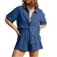 thumbnail image 1 of AKOEE Linen Shorts Sets for Women 2 Piece Casual Short Sleeve Button Down Shirt with Wide Leg Shorts Lounge Outfits (M, Blue), 1 of 7