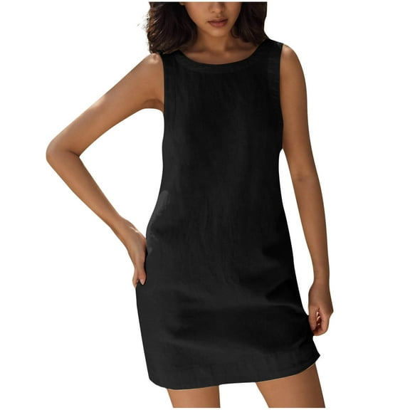 AKOEE Linen Tank Top Dress Womens Sleeveless Round Neck Casual Summer Short Dress with Pockets Beach Fashion Outfits (L, Black)
