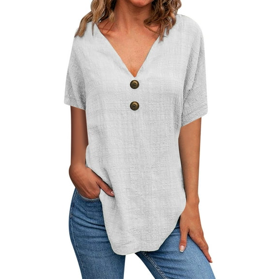 AKOEE Linen Tunic Tops for Women Loose Fit Button V Neck Short Sleeve T-Shirts Lightweight Casual Tees (S, White)