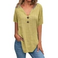 thumbnail image 1 of AKOEE Linen Tunic Tops for Women Loose Fit Button V Neck Short Sleeve T-Shirts Lightweight Casual Tees (XL, Yellow), 1 of 5