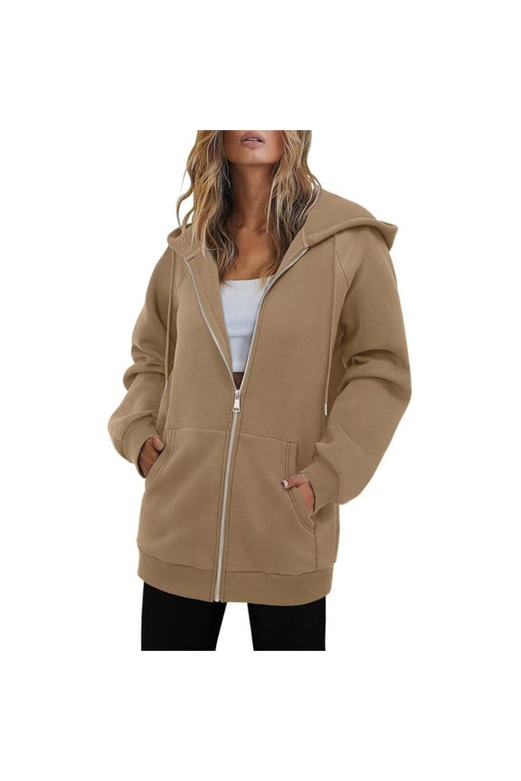 Long Cotton Sweatshirt Jacket for Women with Pockets Loose Full Zip Up Hoodie Casual Fall Hooded Outerwear (L, Khaki)