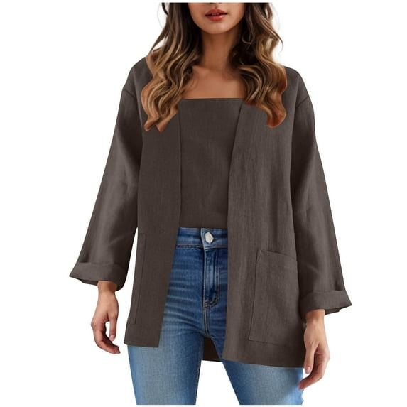 AKOEE Long Sleeve Linen Cardigans for Women Lightweight Casual Solid Color Opent Front Cardigan with Pockets (L, Gray)