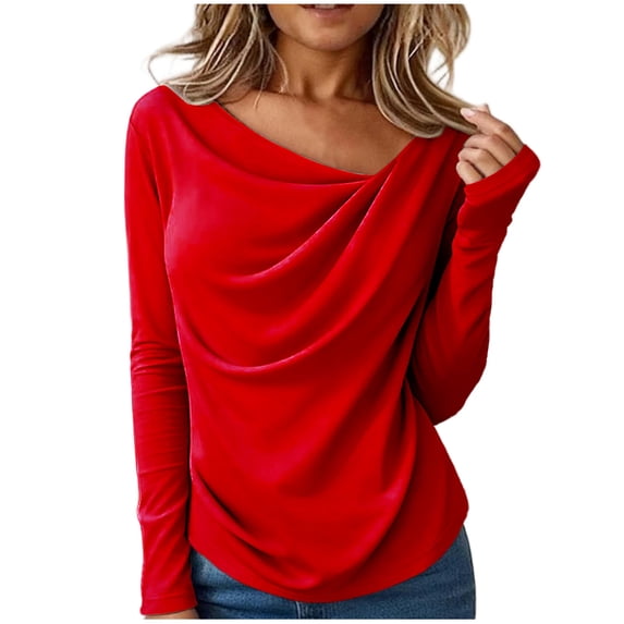AKOEE Long Sleeve Tops for Women with Ruched Pleats Shoulder Detail Solid Color Dressy Casual Spring Blouses (M, Red)