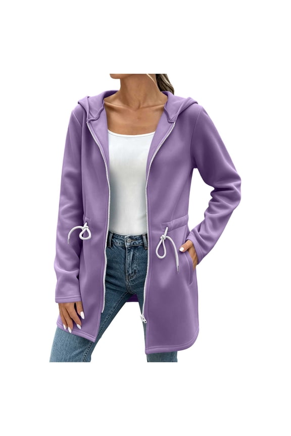 Long Zip Front Hoodies for Women Lightweight Jackets Drawstring Waist Mid-length Sweatshirt Fall Coats (XL, Purple)