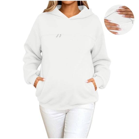AKOEE Maternity Clothes Women Sweatshirts Loose Soft Zip-Breastfeeding Nursing Pullover Sweater Hoodie (M, White)