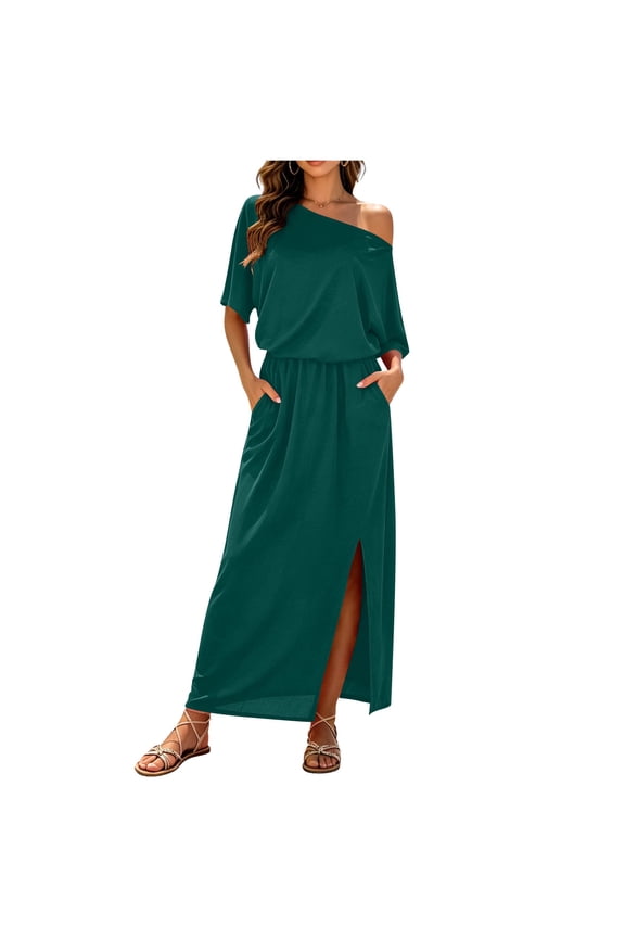 Maxi Dress for Women with Slit Pockets One Shoulder Elastic Waist Short Sleeve Travel Casual Long Dress (2XL, Green)