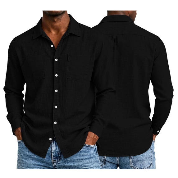 AKOEE Men's Cotton Linen Shirts Button Down Long Sleeve Lightweight Collared Blouses Business Casual Tops (M, Black)