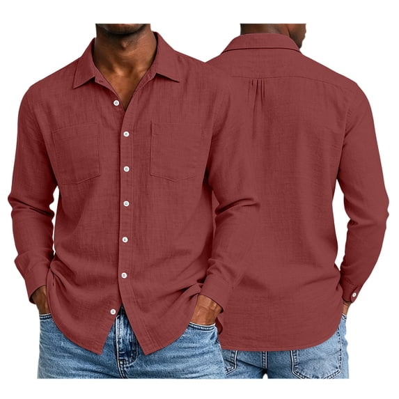 AKOEE Men's Cotton Linen Shirts Button Down Long Sleeve Lightweight Collared Blouses Business Casual Tops (S, Wine)