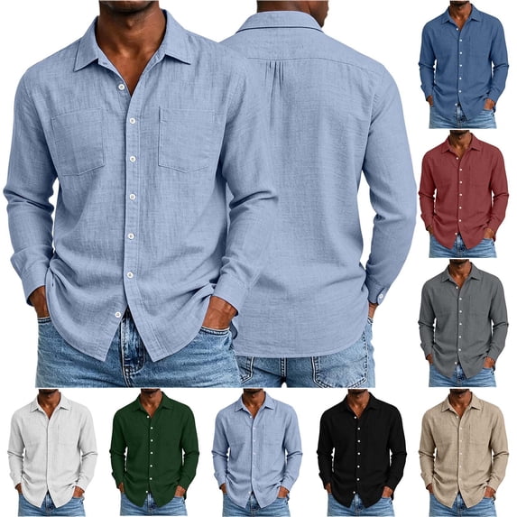 AKOEE Men's Cotton Linen Shirts Button Down Long Sleeve Lightweight Collared Blouses Business Casual Tops (XL, Light Blue)
