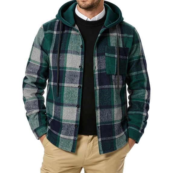AKOEE Men's Flannel Plaid Hoodie Jackets with Chest Pocket Long Sleeve Zip Up Hooded Fall Winter Coat, Green M