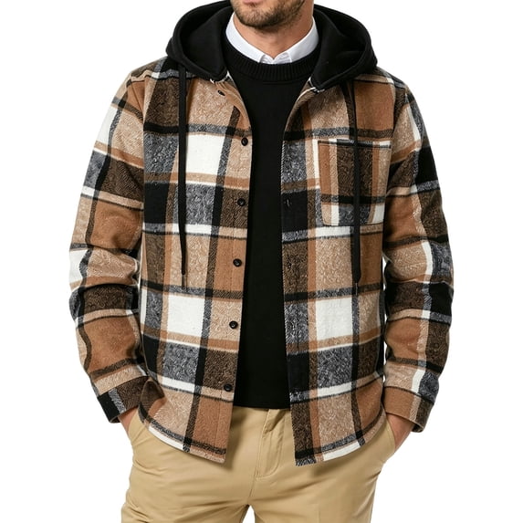 AKOEE Men's Flannel Plaid Hoodie Jackets with Chest Pocket Long Sleeve Zip Up Hooded Fall Winter Coat, Khaki XL