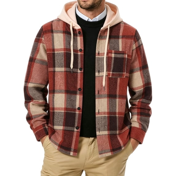AKOEE Men's Flannel Plaid Hoodie Jackets with Chest Pocket Long Sleeve Zip Up Hooded Fall Winter Coat, Orange XL