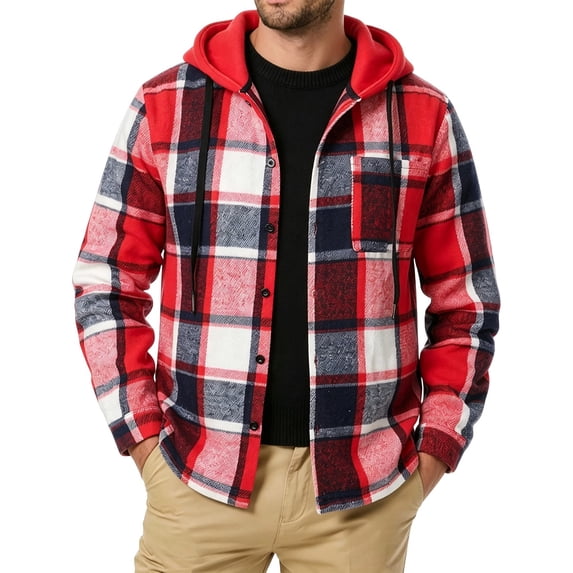 AKOEE Men's Flannel Plaid Hoodie Jackets with Chest Pocket Long Sleeve Zip Up Hooded Fall Winter Coat, Red XL