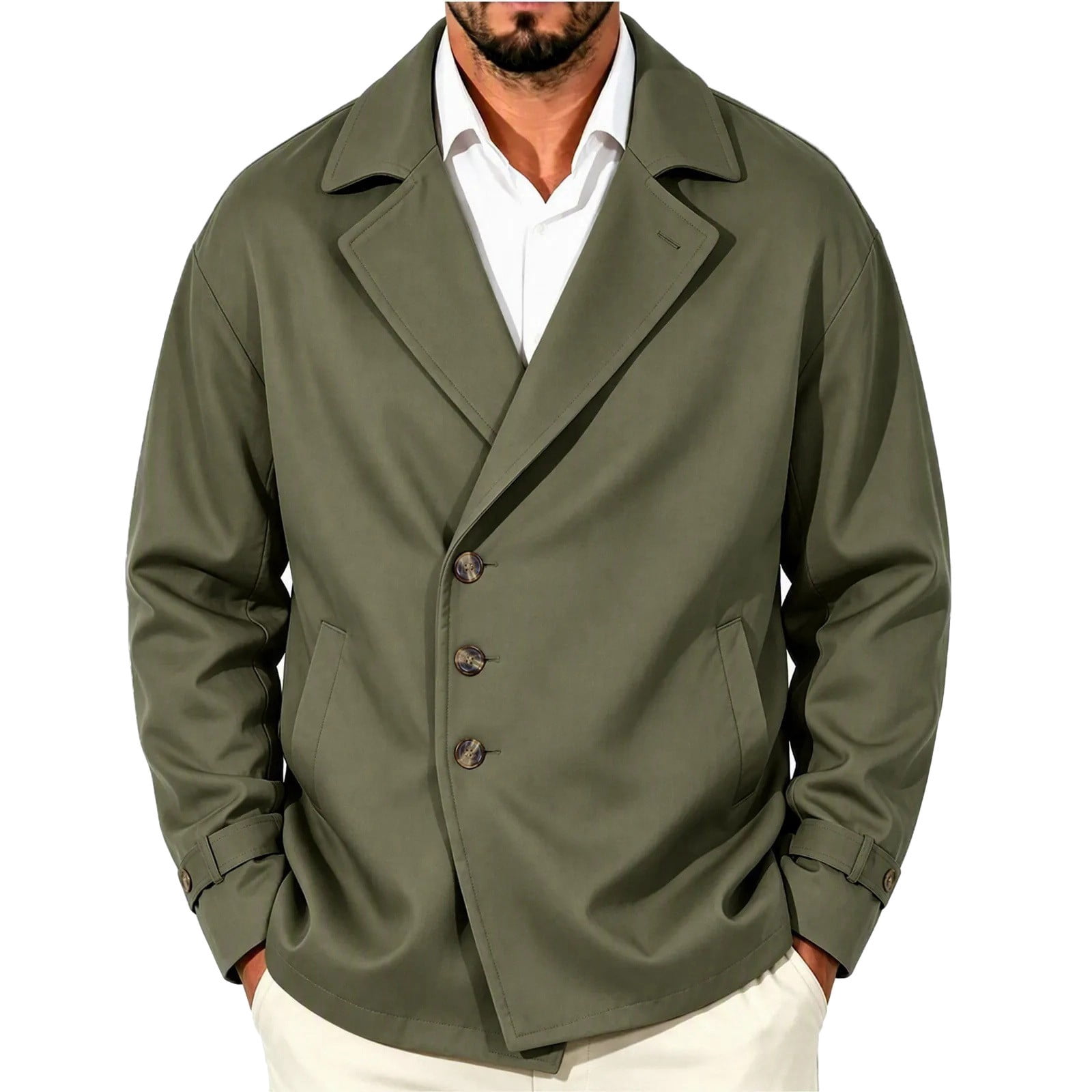 AKOEE Men's Short Trench Coat Single Breasted Notched Neck Business ...