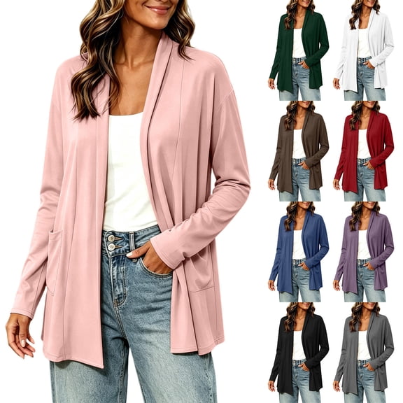 AKOEE Mid Long Cardigans for Women Lightweight Open Front Draped Cozy Long Sleeve Outerwear Blouses Spring Fall (XL, Pink)