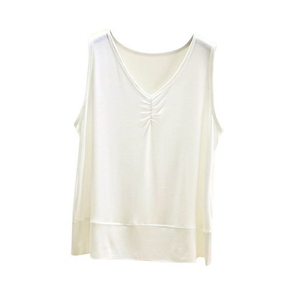 AKOEE Modal Cotton Tank Tops Soft Pajama Sleep Tees for Women with Pleats Solid Sleeveless Base Undershirt (XL, White 01)