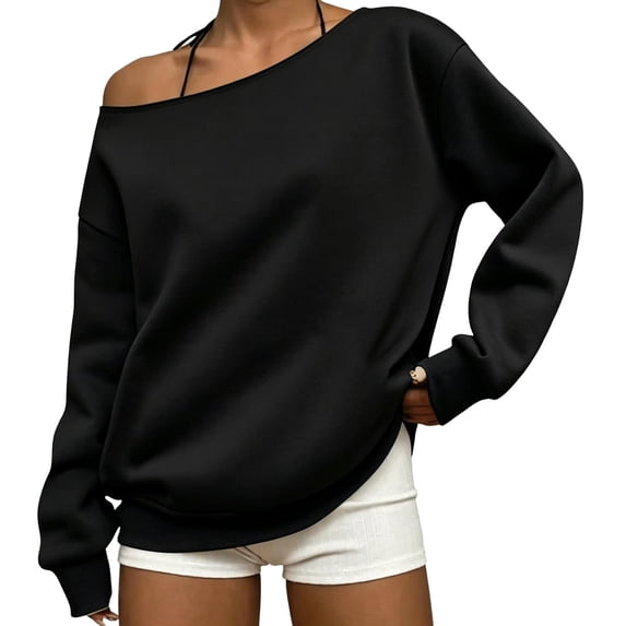 AKOEE Off Shoulder Sweatshirts for Women Trendy Casual Loose Sweaters Lightweight Long Sleeve Plain Pullover (3XL, Black)