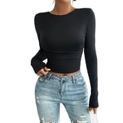 AKOEE Open Back Tops for Women, Long Sleeve Crop Top Crewneck Stretch T-shirts Womens Backless Y2k Tee Blouse S, Black