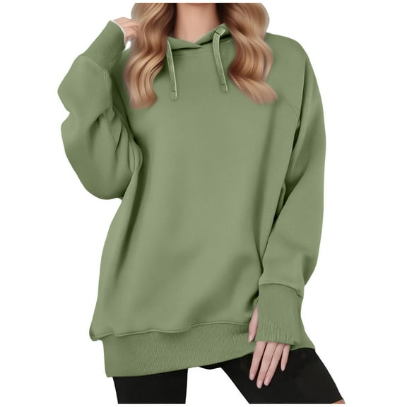 AKOEE Oversized Cotton Hoodies with Thumb Holes Womens Long Sleeve Plain Hooded Sweatshirts Baggy Pullover Tops (M, Green)