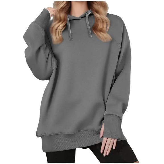 AKOEE Oversized Cotton Hoodies with Thumb Holes Womens Long Sleeve Plain Hooded Sweatshirts Baggy Pullover Tops (XL, Gray)