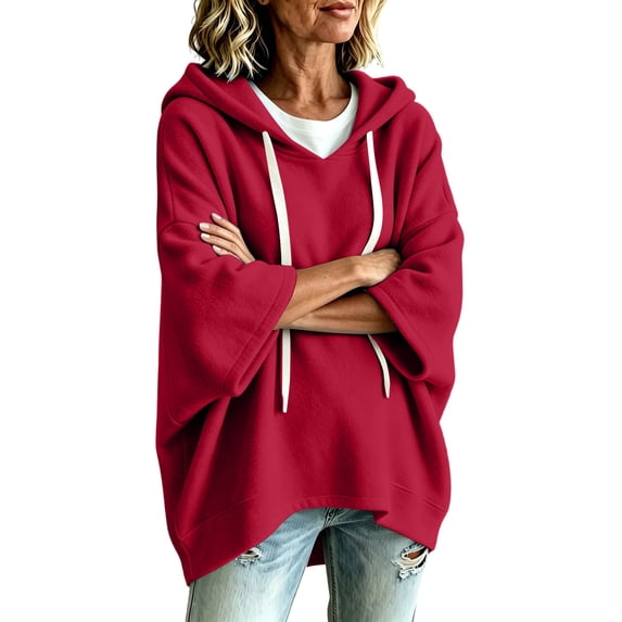 AKOEE Oversized Hoodies Women 3/4 Length Batwing Sleeve Drawstring Hooded Sweatshirts Plus Size Casual Sweaters (S, Red)