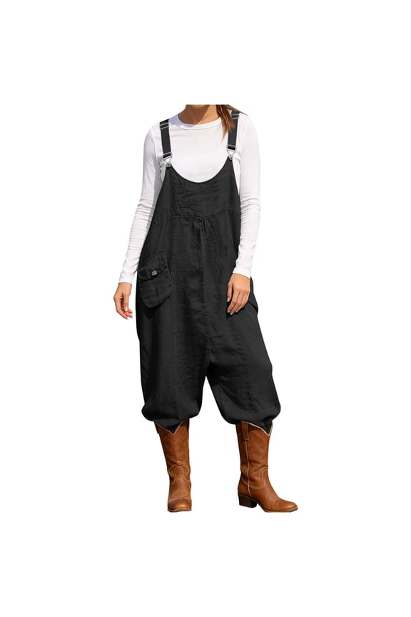 Oversized Jumpsuits Women Adjustable Strap Baggy Bibs with Pocket Sleeveless Harem Trendy Romper Overalls (S, Black)