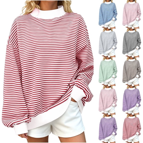 AKOEE Oversized Mock Neck Sweatshirts Womens Striped Pullover Plus Size Sweater Drop Shoulder Long Sleeve Tops (2XL, Red)