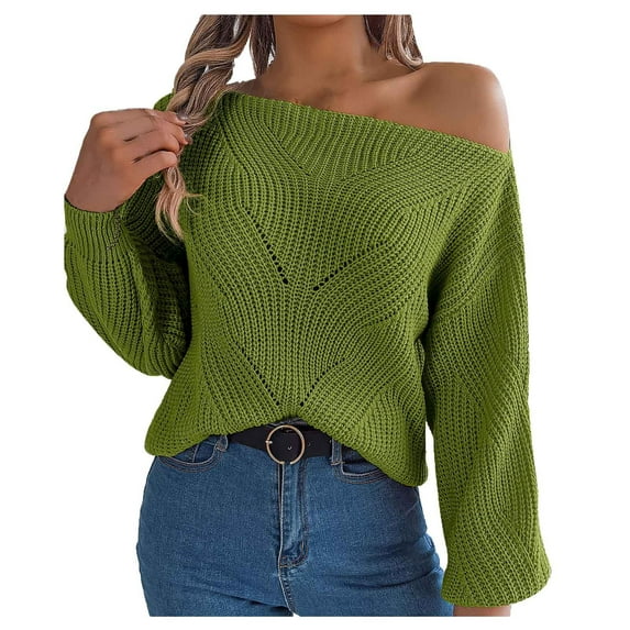 AKOEE Oversized Sweaters Women Off Shoulder Knit Tops Boat Neck Solid Color Long Sleeve Loose Pullover Jumpers (M, Green)